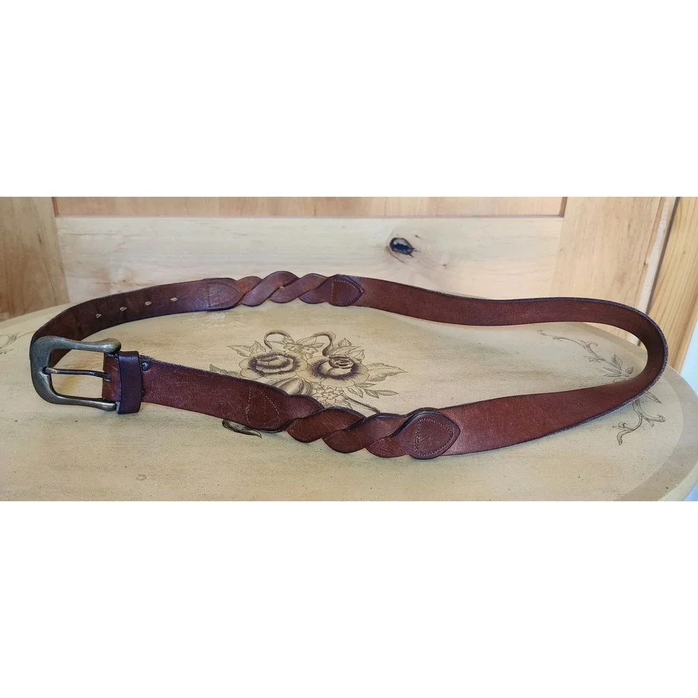100% Leather Brown Braided Waist Belt Boho Western 39.5